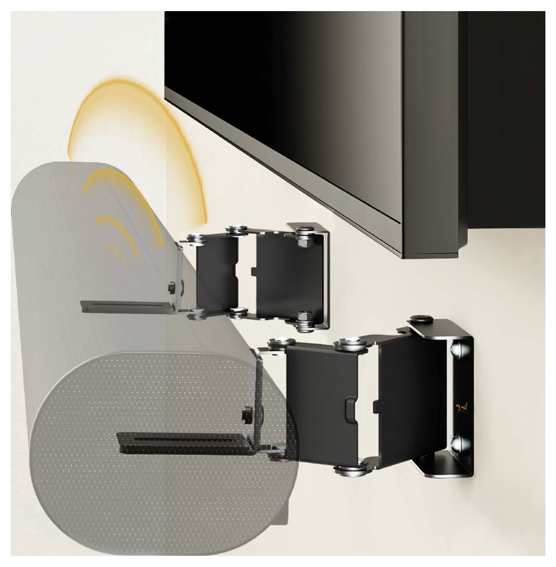 Téléviseur monté sur un mur avec un bras ajustable s'étendant vers un haut-parleur cylindrique émettant des ondes sonores oranges.