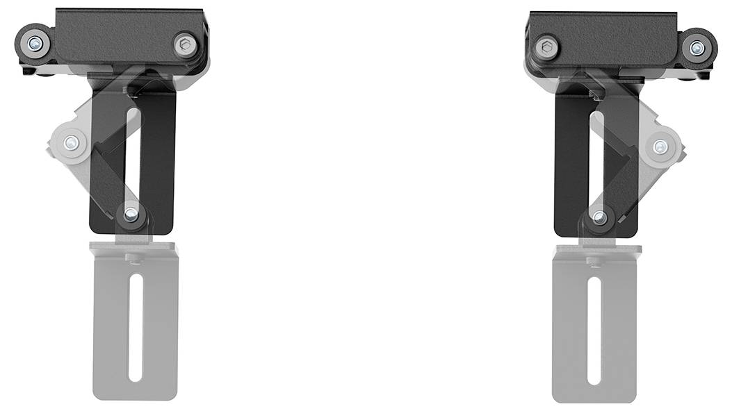 Charnières ajustables pour le montage d'un composant, montrant deux pièces identiques avec des parties noires et argentées, chacune ayant un support à fente.