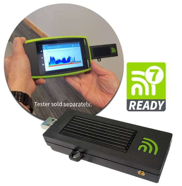 A testing device displays a spectrum analyzer graph. Below, a USB dongle is shown. Text reads 'Tester sold separately. READY 7.'
