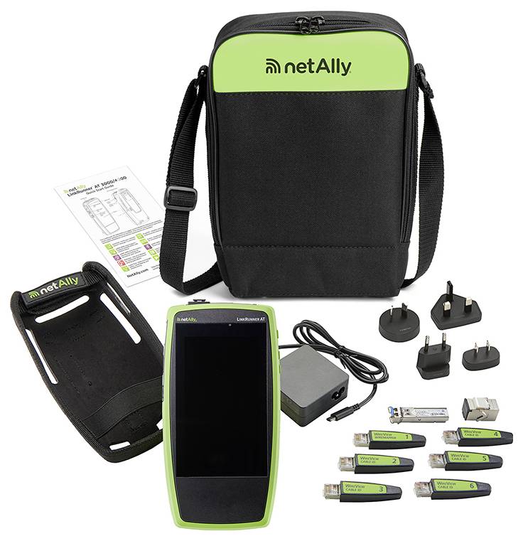 'netAlly' network testing kit with main device, accessories, international power plugs, and carrying case.
