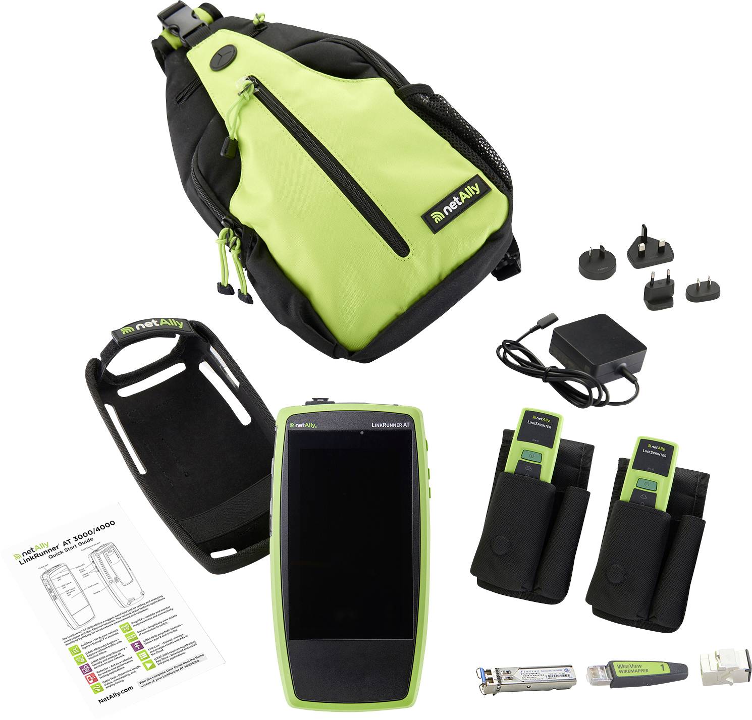 Kit de testeur réseau portable comprenant l'appareil principal, deux petits outils, chargeur, adaptateurs internationaux, manuel d'instructions et étui de transport.