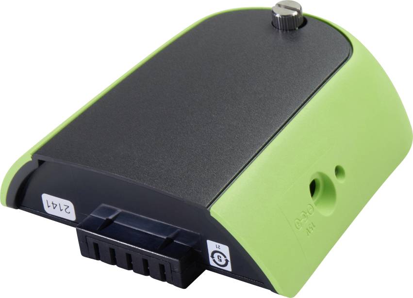 Un appareil électronique compact, vert et noir, doté d'un bouton sur le dessus, présentant des ports et une étiquette sur le côté, posé sur une surface blanche.