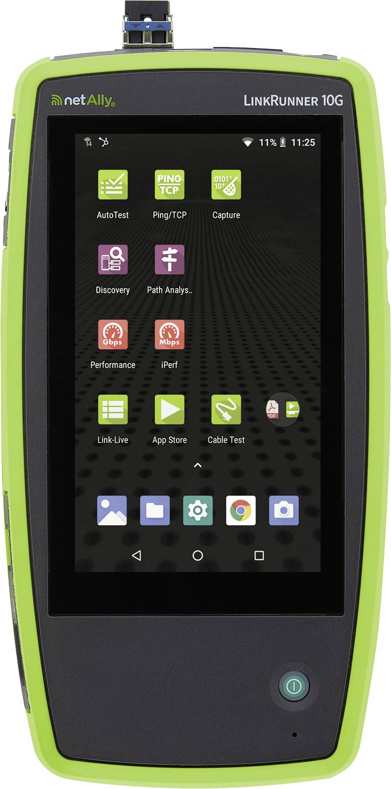 Testeur de réseau portable « NetAlly LinkRunner 10G » avec écran tactile affichant des icônes pour diverses applications et tests.