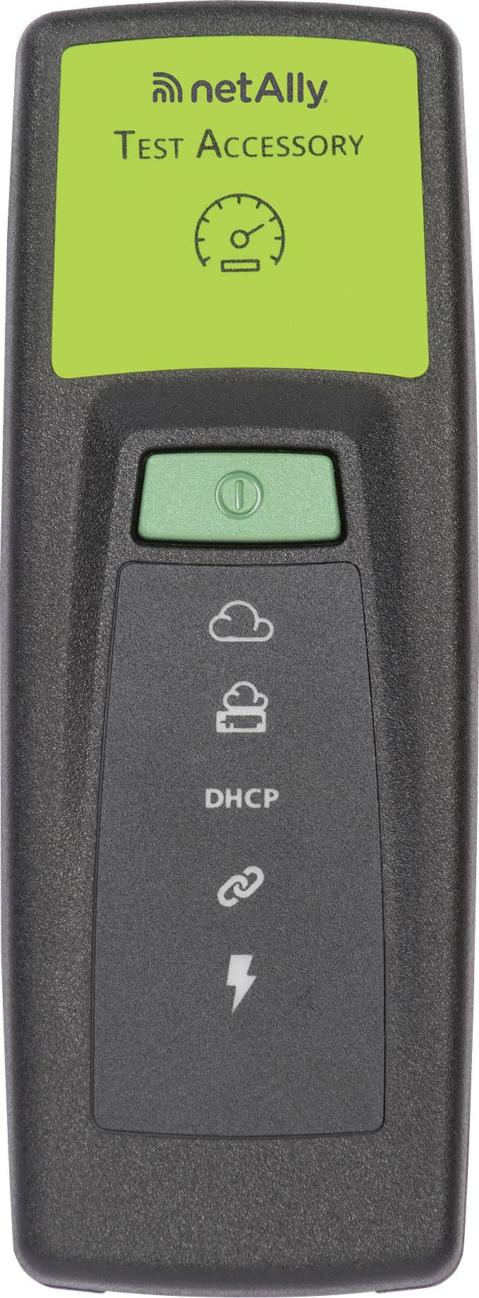 Appareil portatif avec l'étiquette « netAlly TEST ACCESSORY » affichée à l'écran, présentant des icônes pour le cloud, DHCP et l'alimentation. Utilisé pour les tests de réseau.