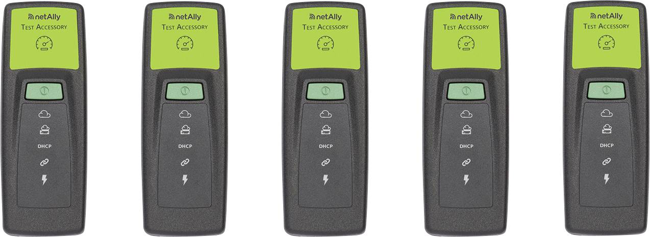 Cinq appareils portatifs noirs identiques avec des écrans verts, étiquetés « Accessoire de Test », présentant des symboles d'alimentation et de connectivité.