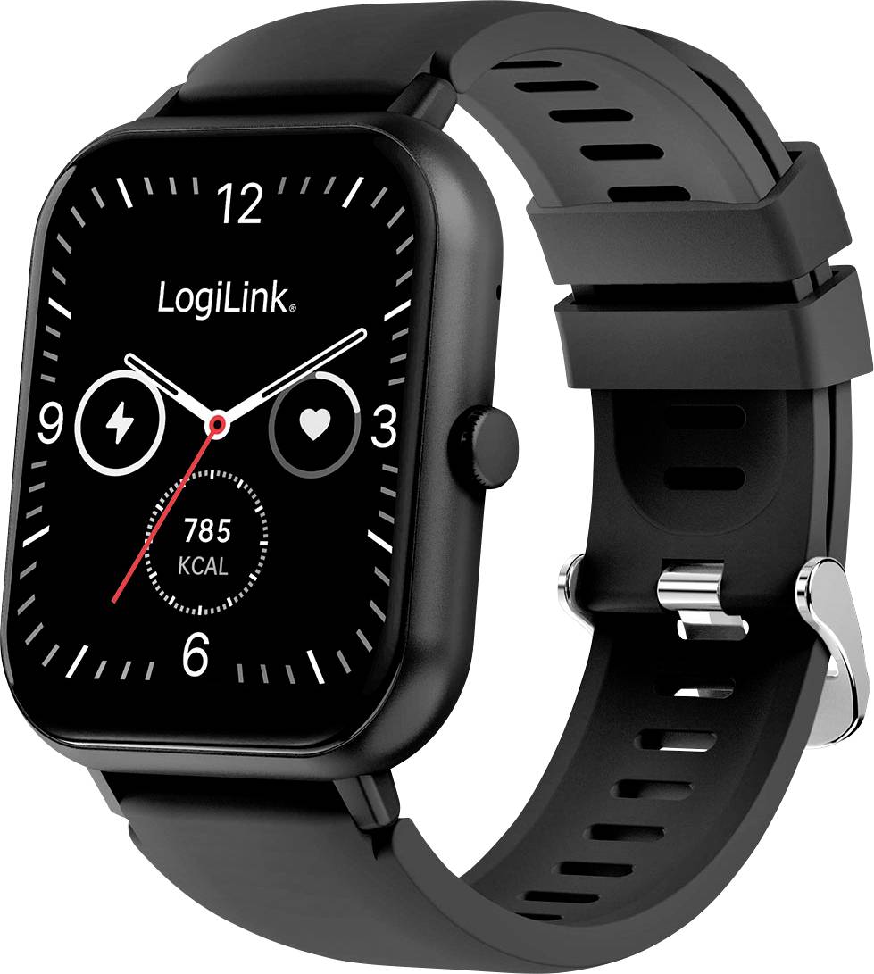 Une montre intelligente noire affichant un cadran d'horloge rond avec des chiffres blancs et des aiguilles, des icônes pour la batterie et la fréquence cardiaque, plus un texte de 785 Kcal.