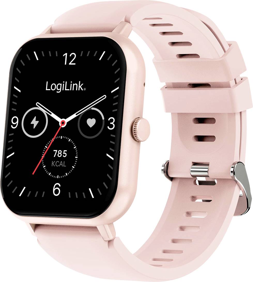 Une montre intelligente rose avec un cadran rectangulaire affichant l'heure, la fréquence cardiaque et les calories brûlées sur son écran. Marque « LogiLink ».