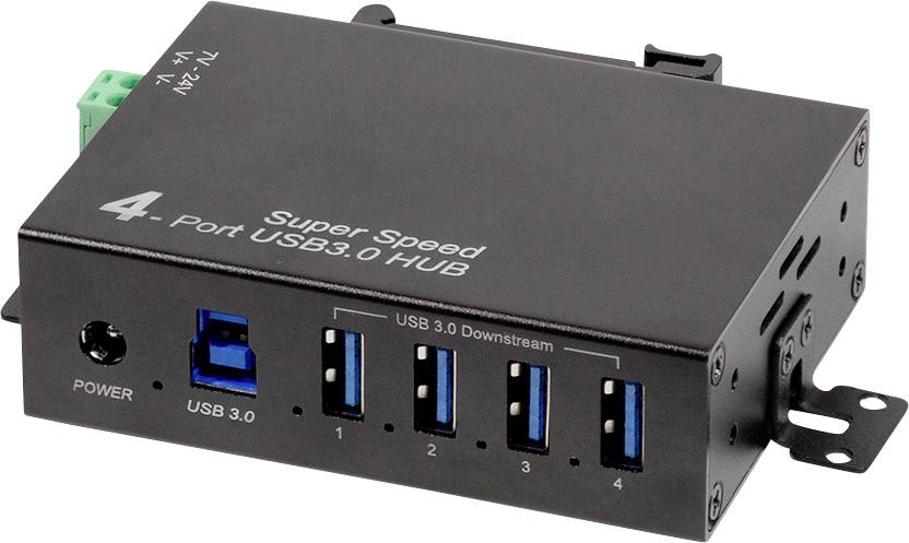 Un concentrateur USB 3.0 à 4 ports est présenté avec plusieurs entrées USB pour connecter des appareils. Il comprend des options d'alimentation et est étiqueté « Super Speed ».