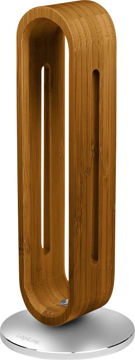 Une sculpture de forme ovale en bois avec des fentes verticales, montée sur une base ronde en argent.