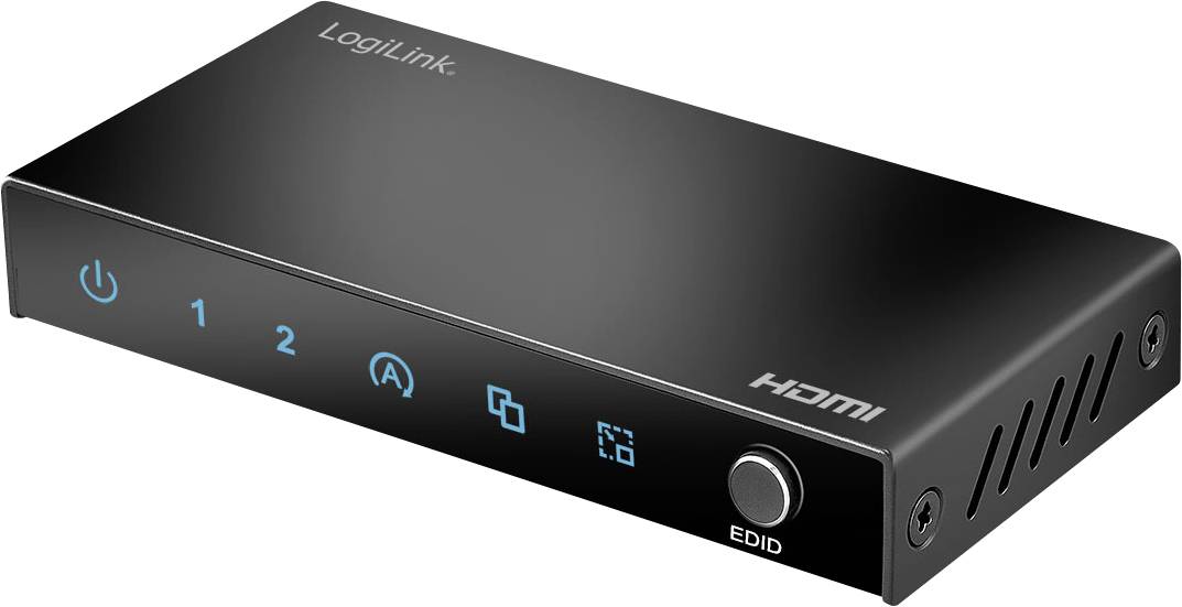 Un boîtier commutateur HDMI noir avec boutons d'alimentation, de sélection et d'indicateur pour quatre entrées, étiqueté « LogiLink » sur le dessus.