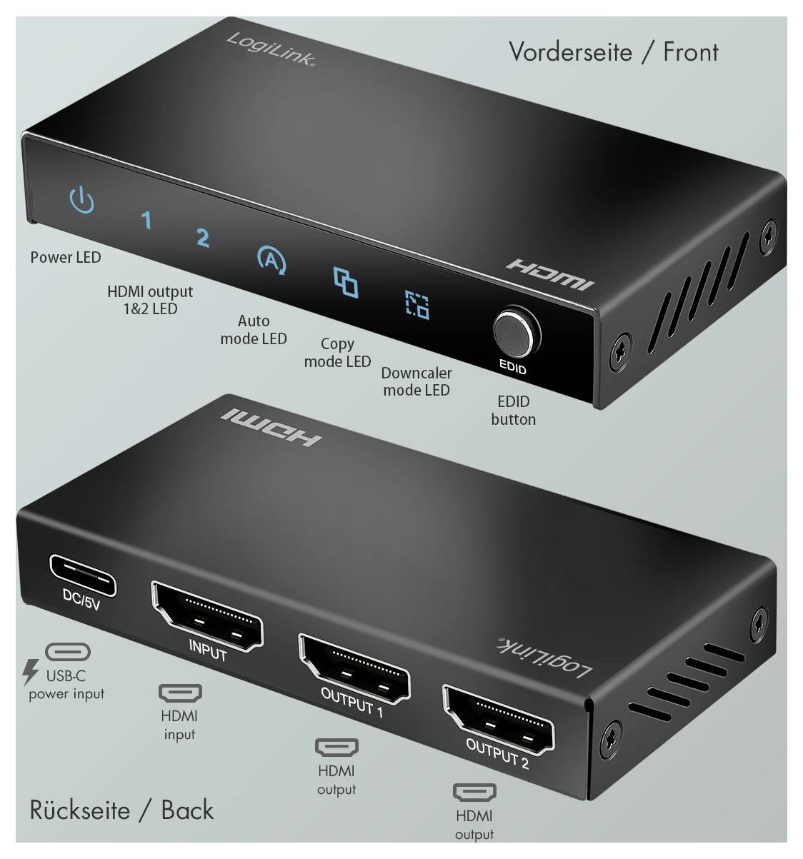 'LogiLink HDMI Splitter' image shows the front and back views of the device. The front has power and status LEDs; the back has HDMI and USB-C ports.