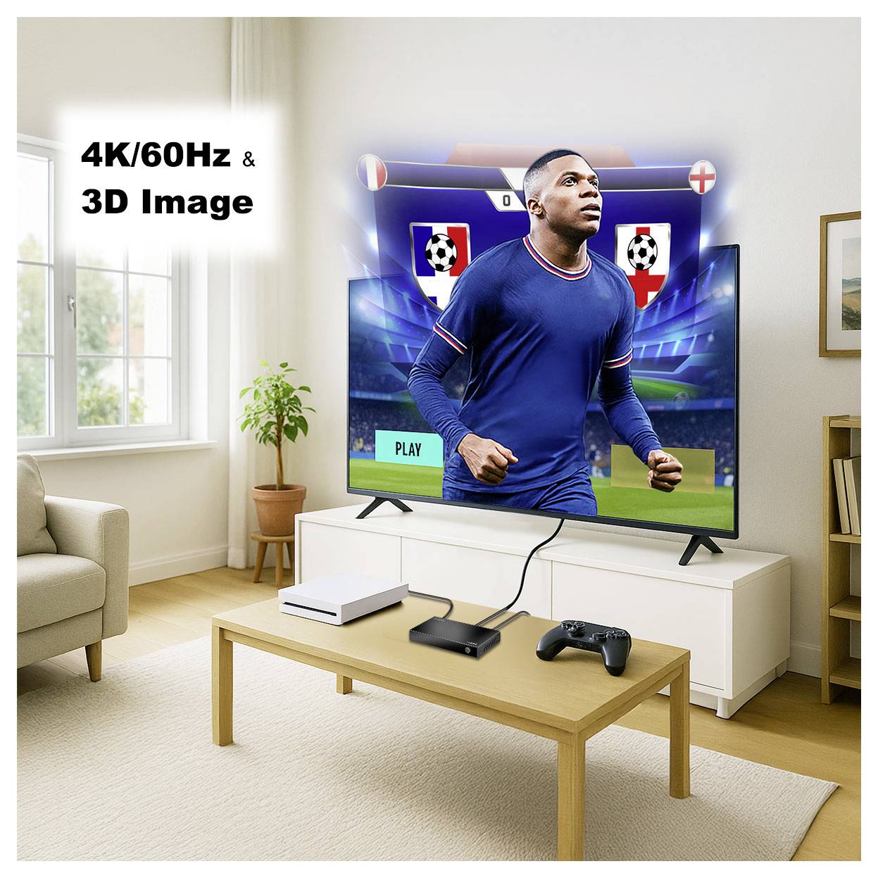 'A living room setup with a TV featuring a soccer player on screen, highlighting '4K/60Hz & 3D Image' for immersive viewing.'