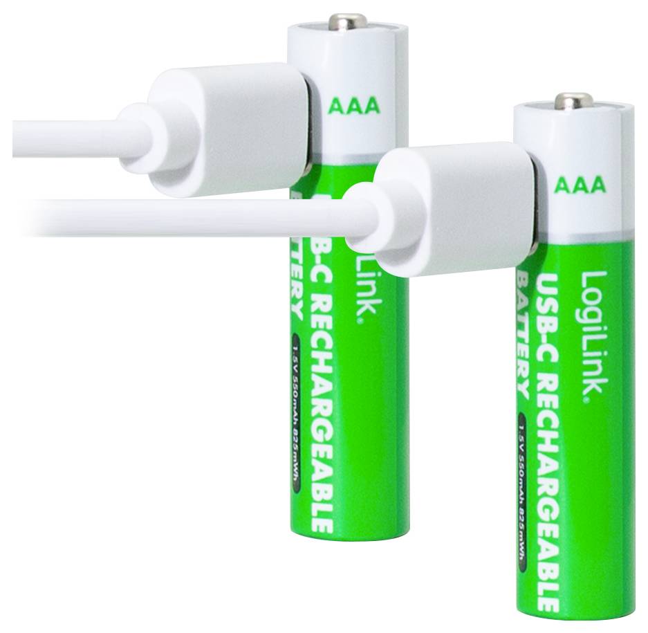 Two green AA batteries labeled 'USB-Rechargeable Battery' with USB connectors, attached to charging cables.