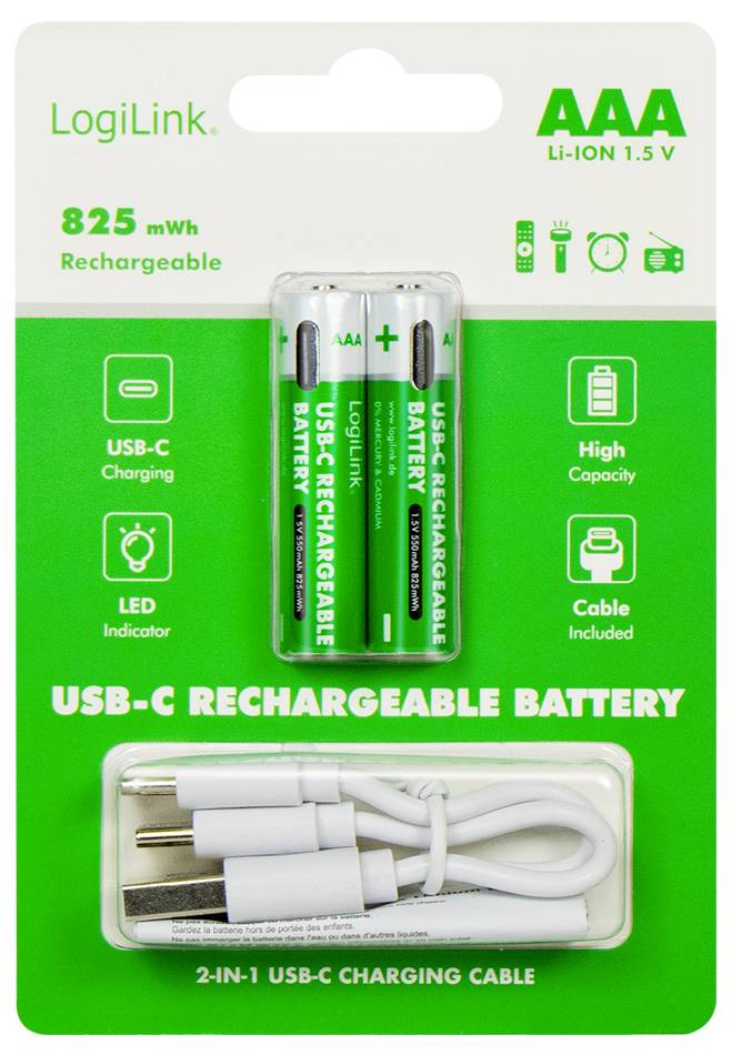 LogiLink USB-C rechargeable AAA batteries, 825 mWh, 1.5 V. Includes USB-C charging cable. Features high capacity, LED indicator.