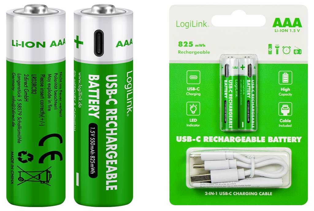 Two Li-Ion AAA USB-C rechargeable batteries are shown, along with their packaging, which includes a USB-C charging cable.