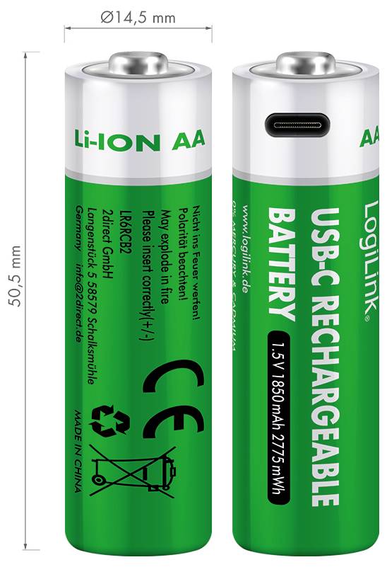 Two LogiLink AA rechargeable batteries with USB-C ports, 1.5V, 850mAh, 2775mWh. Dimensions: 50.5mm length, 14.5mm diameter.