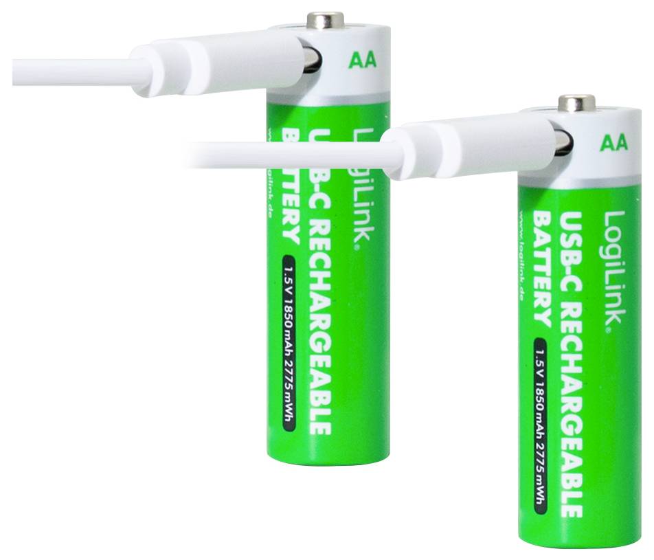 Two green AA LogiLink USB-C rechargeable batteries with white cables connected at the top.