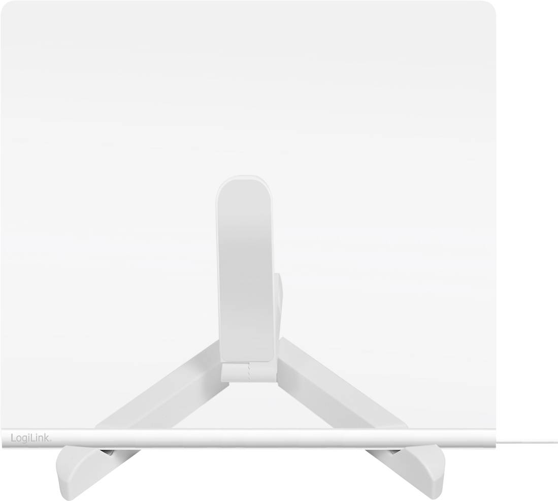 Un support blanc pour tablette ou téléphone avec un appui arrière réglable, conçu pour maintenir les appareils en position verticale.