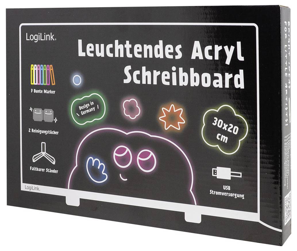 'LogiLink Leuchtendes Acryl Schreibboard' box showing a glowing acrylic writing board with colorful accents, markers, and USB power.