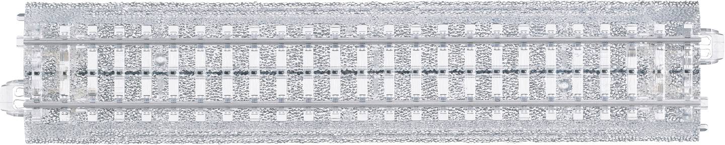 Une section de voies de train miniature avec une construction détaillée de rails et de traverses en tons argent et gris.