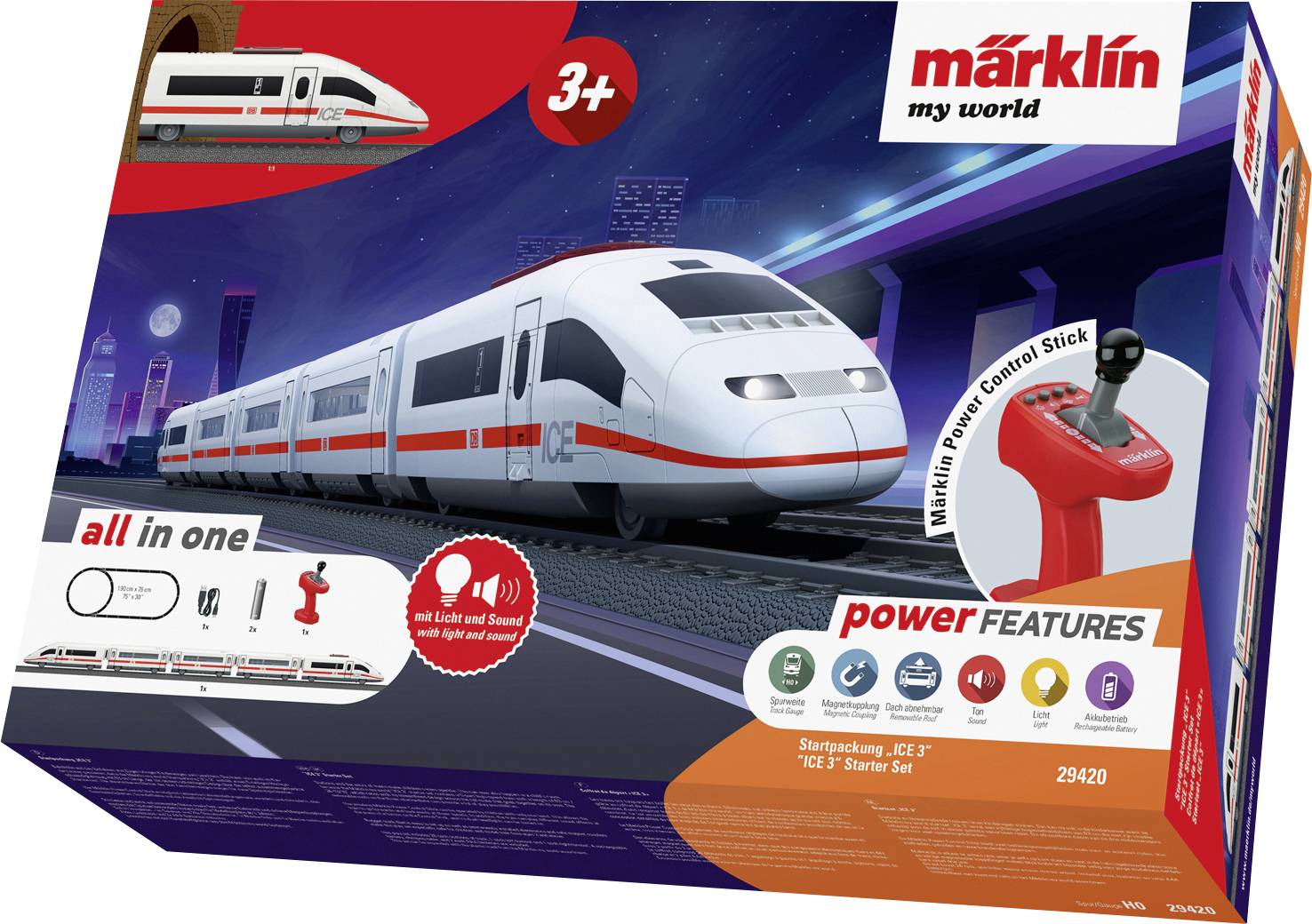 Ensemble de train jouet pour âges 3+, présentant un train à grande vitesse blanc et rouge avec effets lumineux et sonores. Comprend un bâton de contrôle d'alimentation.