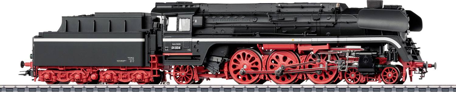 Un modèle détaillé d'une locomotive à vapeur noire et rouge sur une voie ferrée, affichant des composants de roue et de moteur complexes.