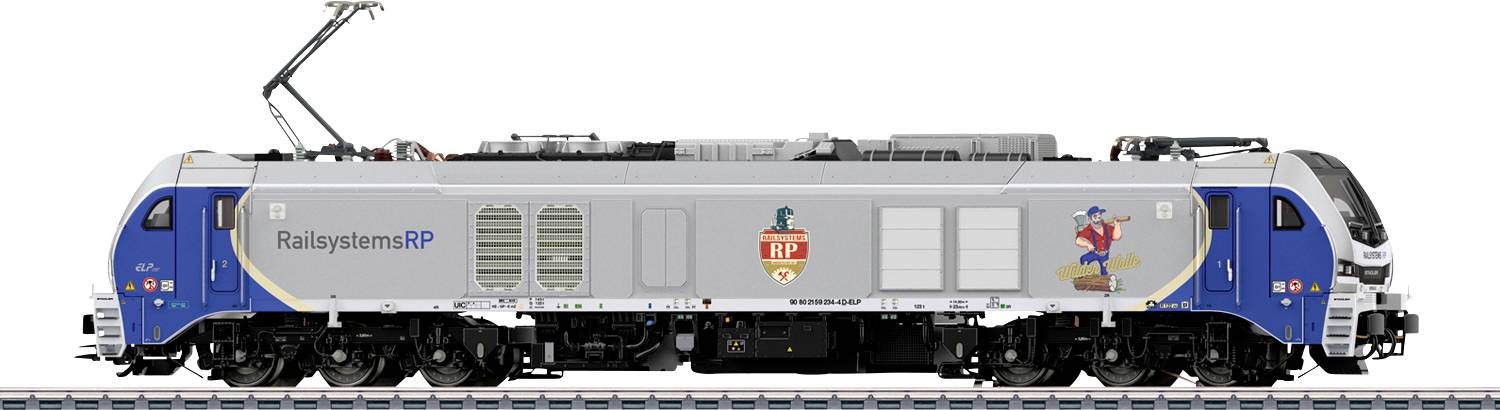 Une locomotive électrique moderne avec une livrée bleue et grise, portant le label « Railsystems RP » et présentant un personnage de dessin animé sur son côté, sur des rails de chemin de fer.