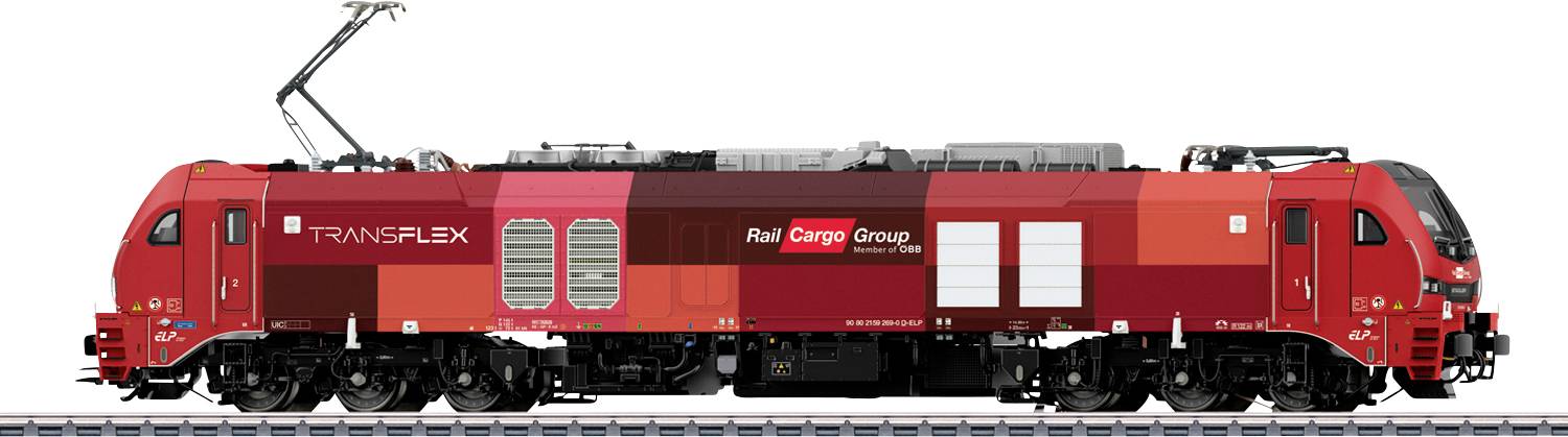 « Locomotive électrique rouge avec les logos « Rail Cargo Group » et « TRANSFLEX » sur le côté, garée sur les rails, mettant en avant le transport ferroviaire moderne. »