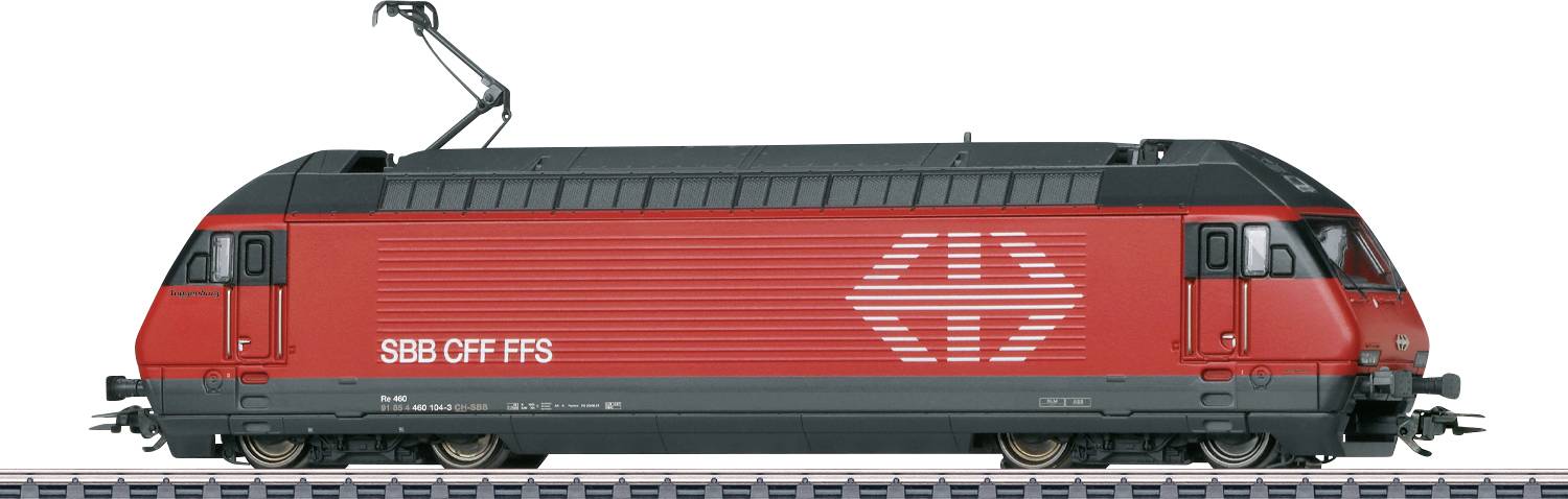 Une locomotive de train rouge avec le logo « SBB CFF FFS » sur le côté, dotée de pantographes distinctifs sur le toit.