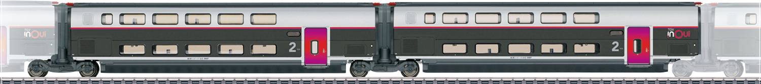 Vue latérale d'un train de passagers moderne à grande vitesse avec deux voitures de passagers connectées, affichant un design épuré et de grandes fenêtres, sur une voie ferrée.