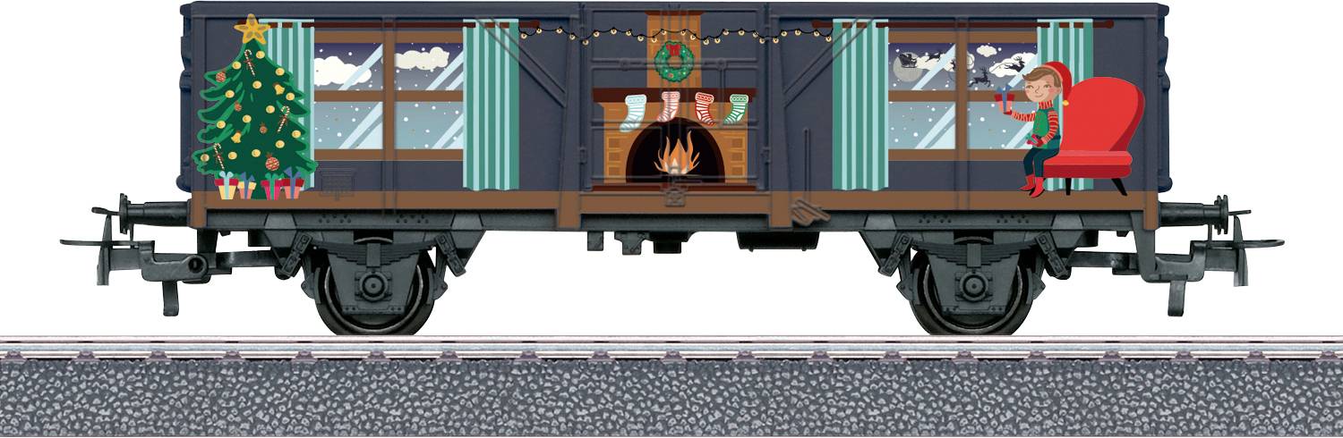 Un wagon de train décoré avec un sapin de Noël, une cheminée, des bas de Noël, et un elfe assis près d'une fenêtre, dégageant une atmosphère chaleureuse et festive.