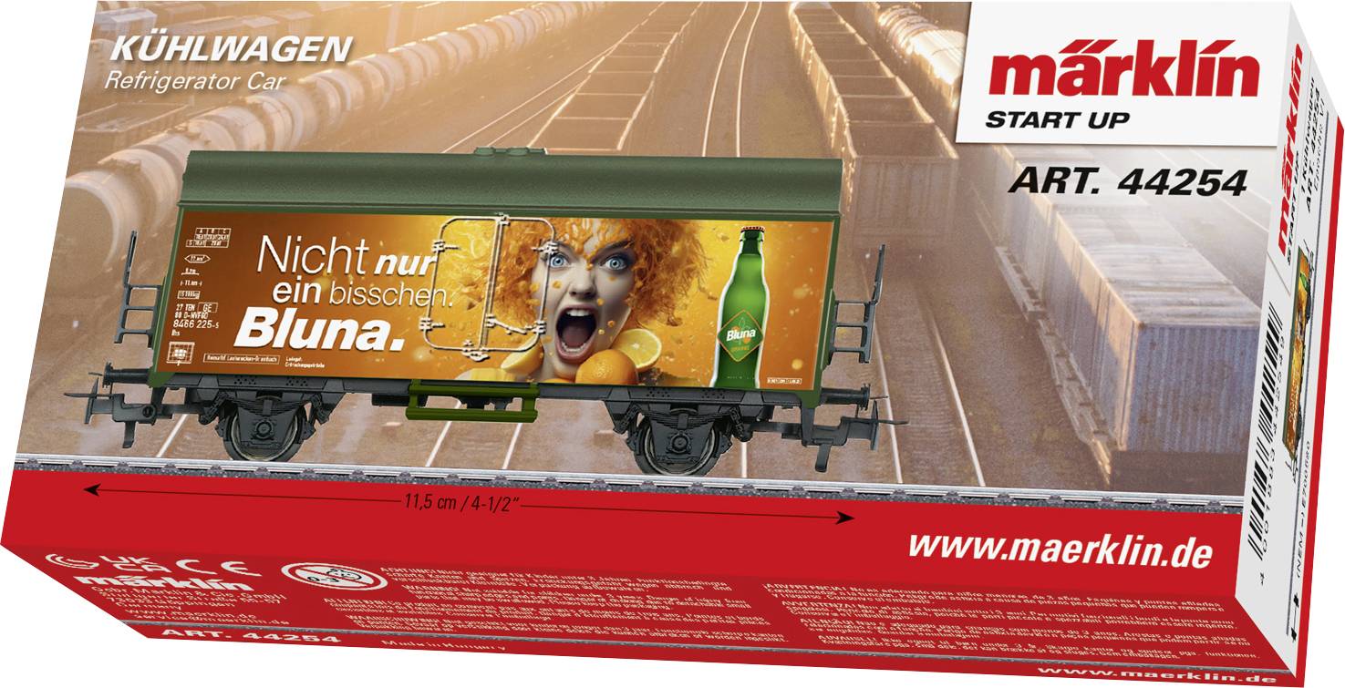 « KÜHLWAGEN Voiture réfrigérante » Le modèle Märklin portant l'étiquette « ART. 44254 » présente une publicité éclatante pour « Bluna » avec une personne expressive et une boisson.