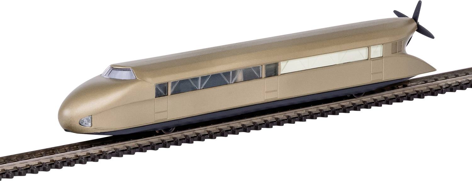 Un modèle de train futuriste élégant sur des voies ferrées avec une hélice à l'arrière, doté de grandes fenêtres et d'un design profilé.