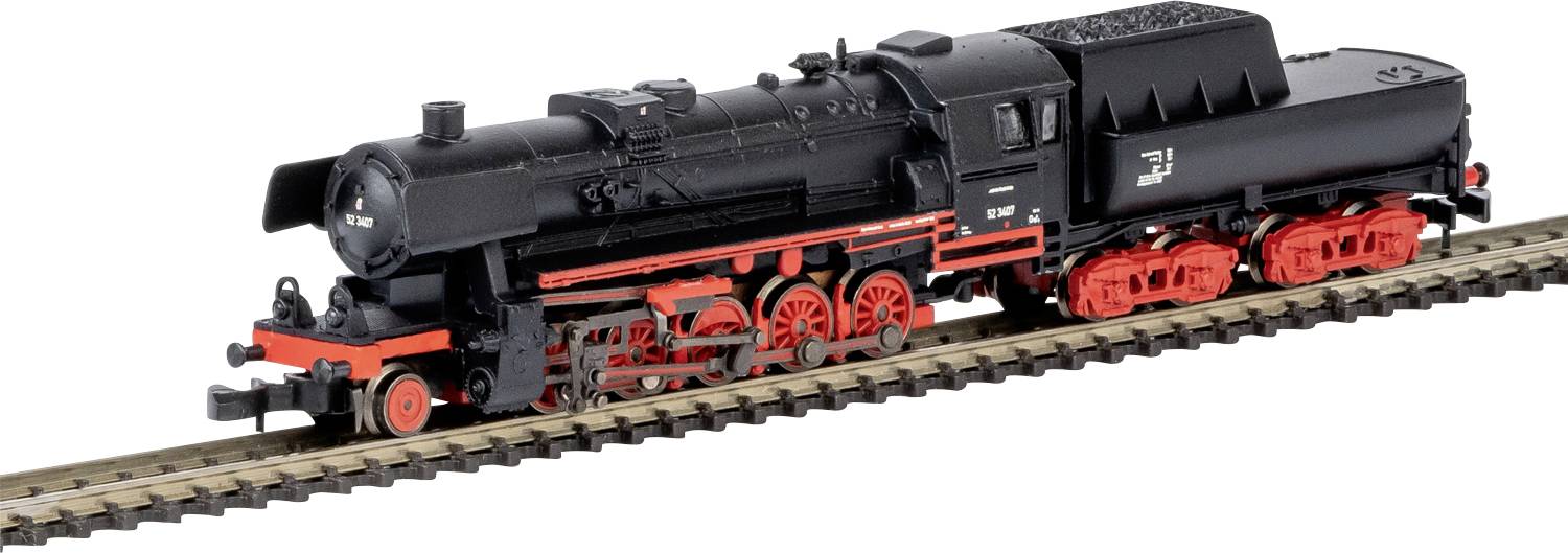 Une locomotive à vapeur modèle rouge et noire sur une voie, mettant en avant la conception détaillée et les composants, vue sous un léger angle.