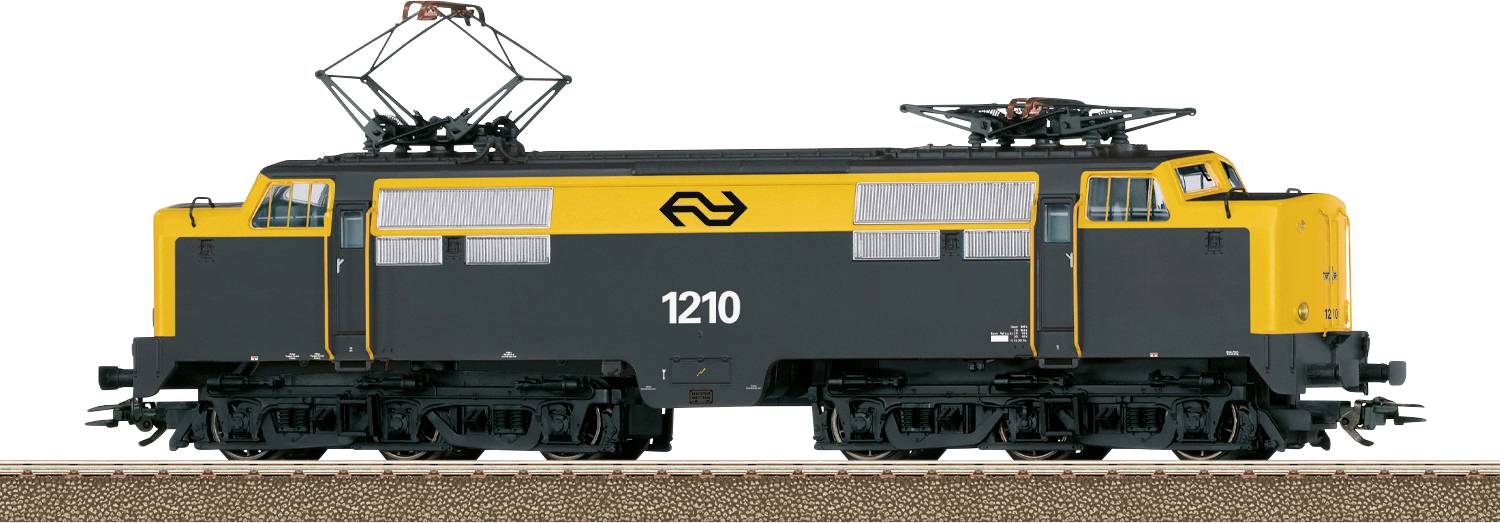 Une locomotive électrique jaune et noire portant le numéro « 1210 » sur le côté, stationnée sur une voie.
