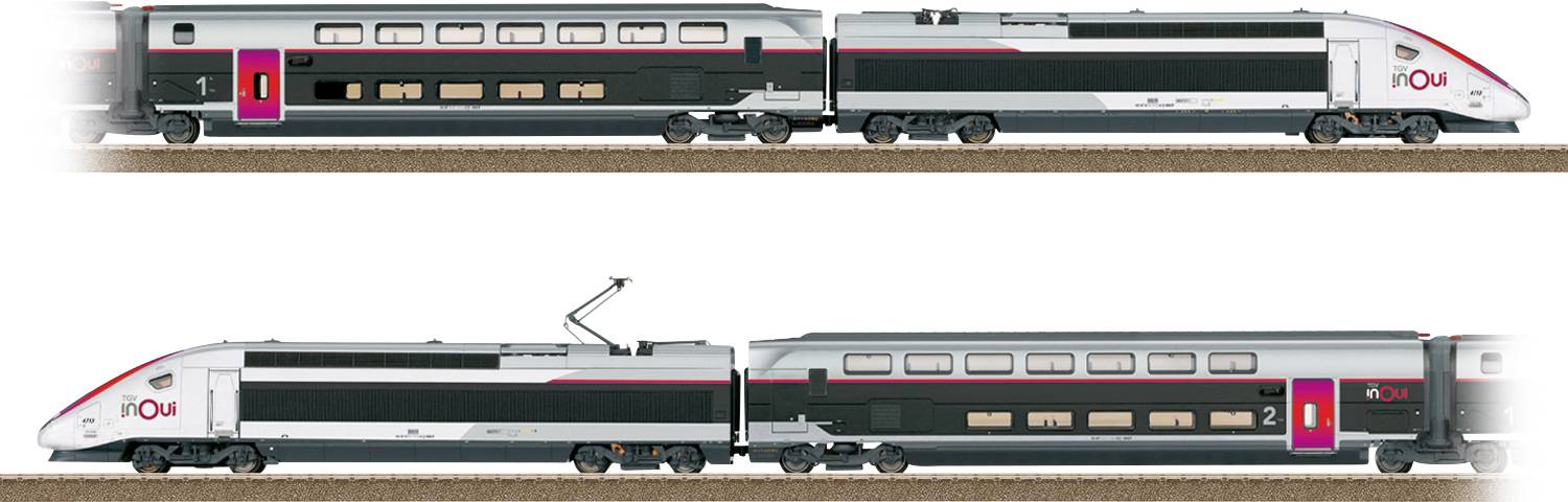 Train à grande vitesse au design épuré, avec deux niveaux de voitures passagers et une marque distinctive « OU », présenté en vue latérale sur les voies.