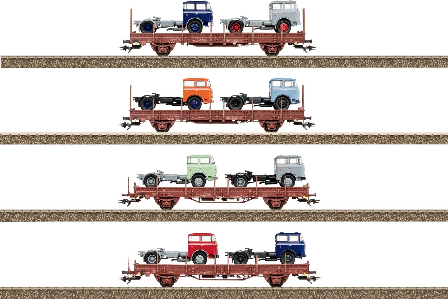 Des wagons plats de train miniature transportant des camions vintage de couleurs variées, présentés en cinq rangées horizontales sur des voies parallèles.