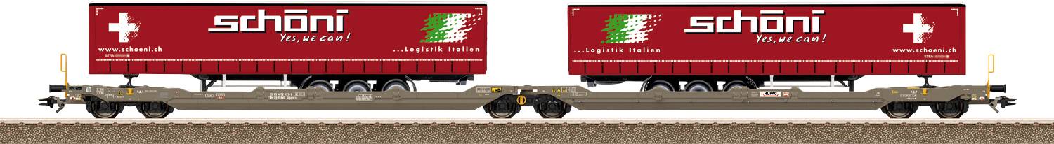 Un train de marchandises avec deux conteneurs rouges portant l'étiquette « schöni » est sur des wagons surbaissés, chacun arborant un drapeau suisse et un emblème vert.