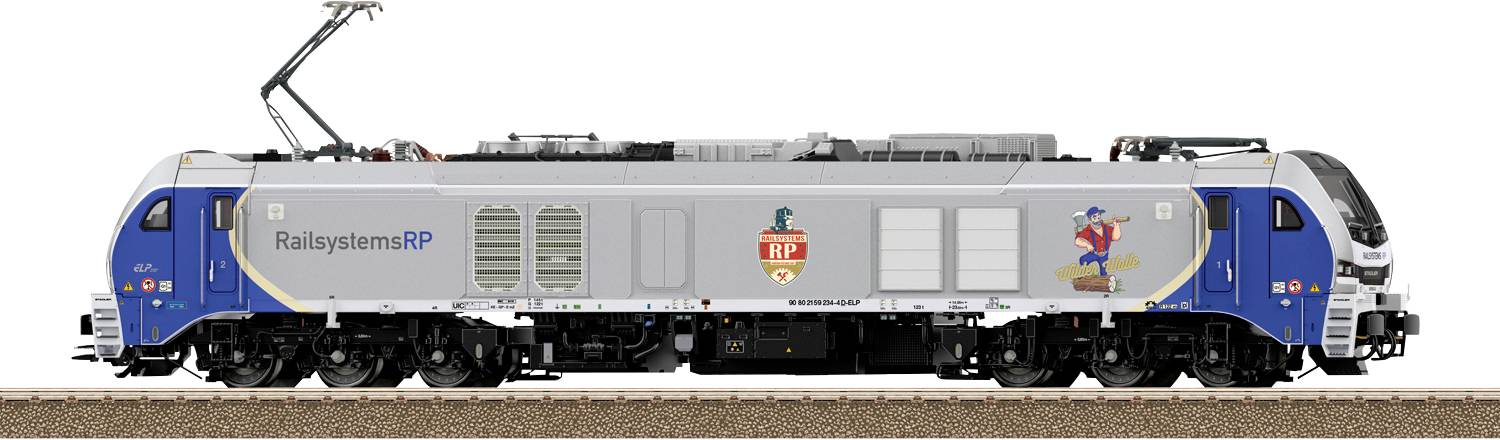Un train électrique moderne au design épuré, présentant une carrosserie grise avec des accents bleus et le logo « Railsystems RP », stationné sur des rails.