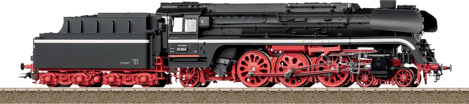 Un modèle détaillé d'une locomotive à vapeur noire et rouge sur une voie ferrée, mettant en évidence les roues complexes et les pièces mécaniques.