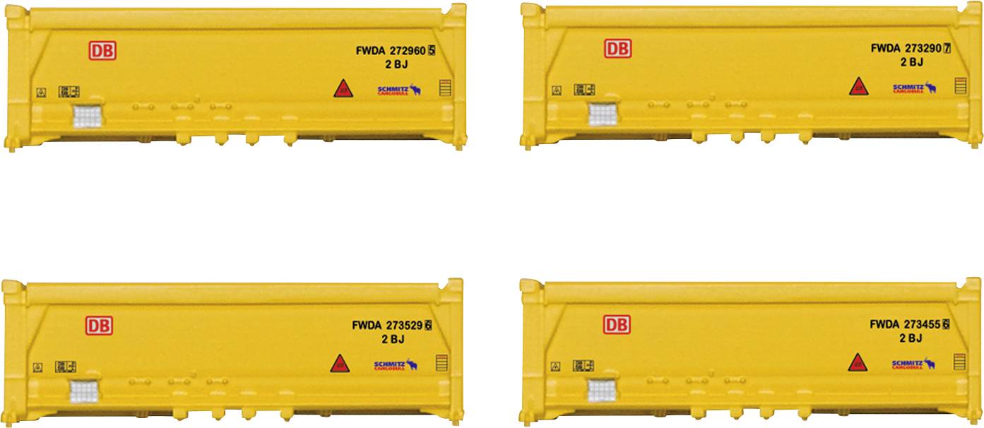 Conteneurs de fret jaunes avec logo « DB » et étiquettes de code, positionnés en deux rangées de deux. Chaque conteneur porte des panneaux d'avertissement et des marquages identiques.