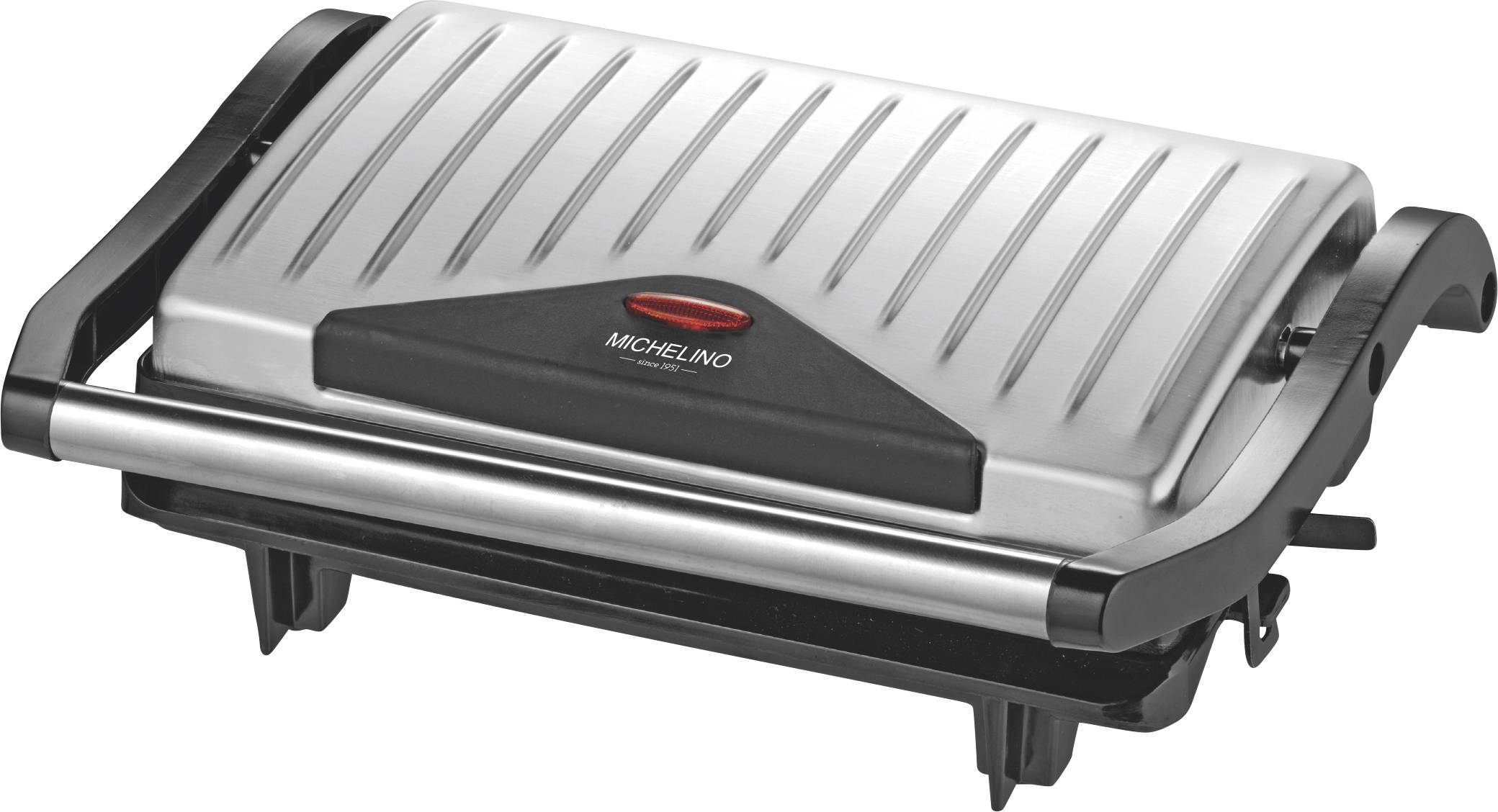 A silver electric grill with a black handle and red accent, labeled 'Michelino.' The grill is closed and has a ribbed top surface.