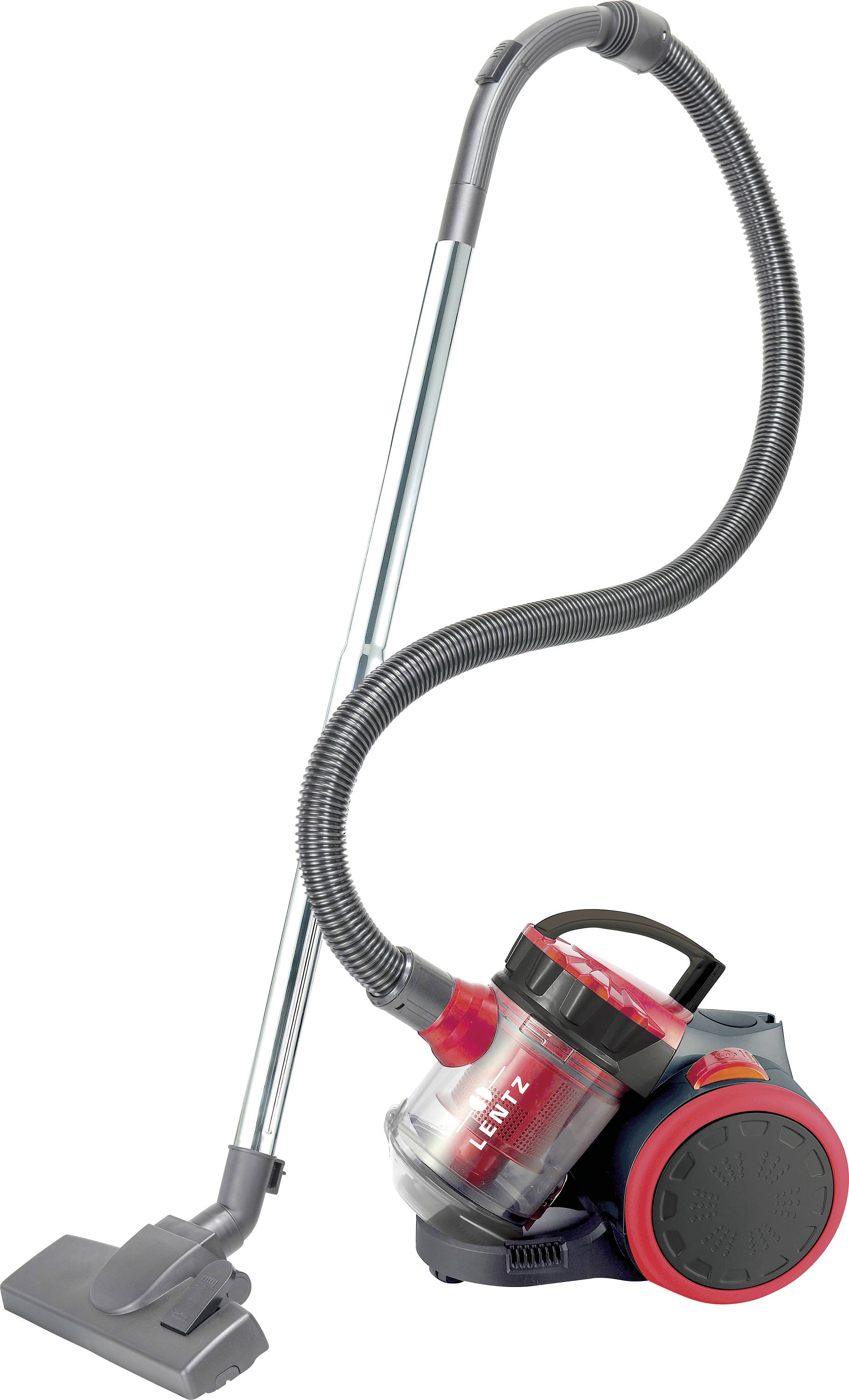 A red and gray vacuum cleaner with a long metallic handle and flexible hose designed for home cleaning.