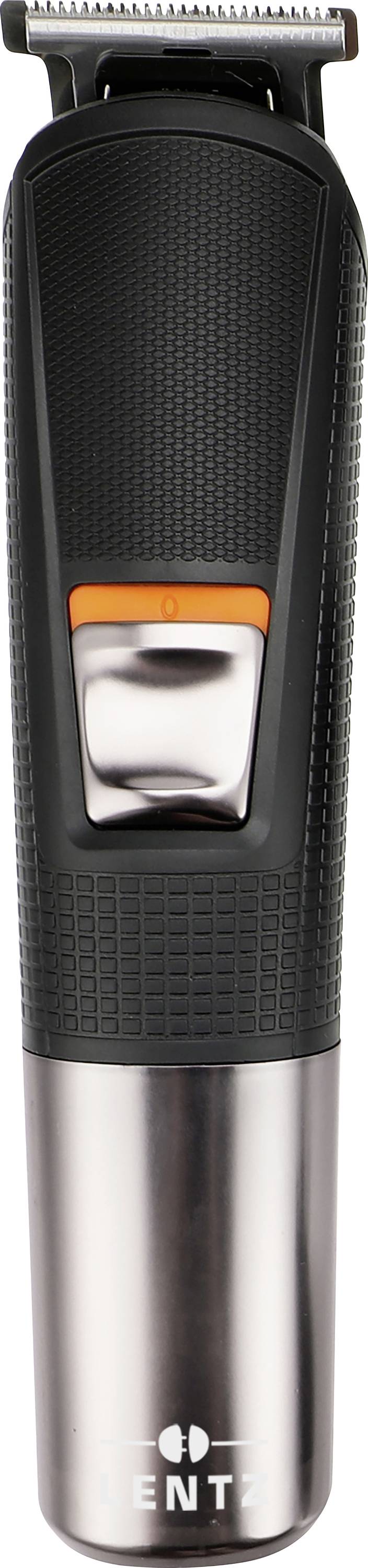 Electric beard trimmer with a black and metallic design, featuring an orange power button and textured grip handle.