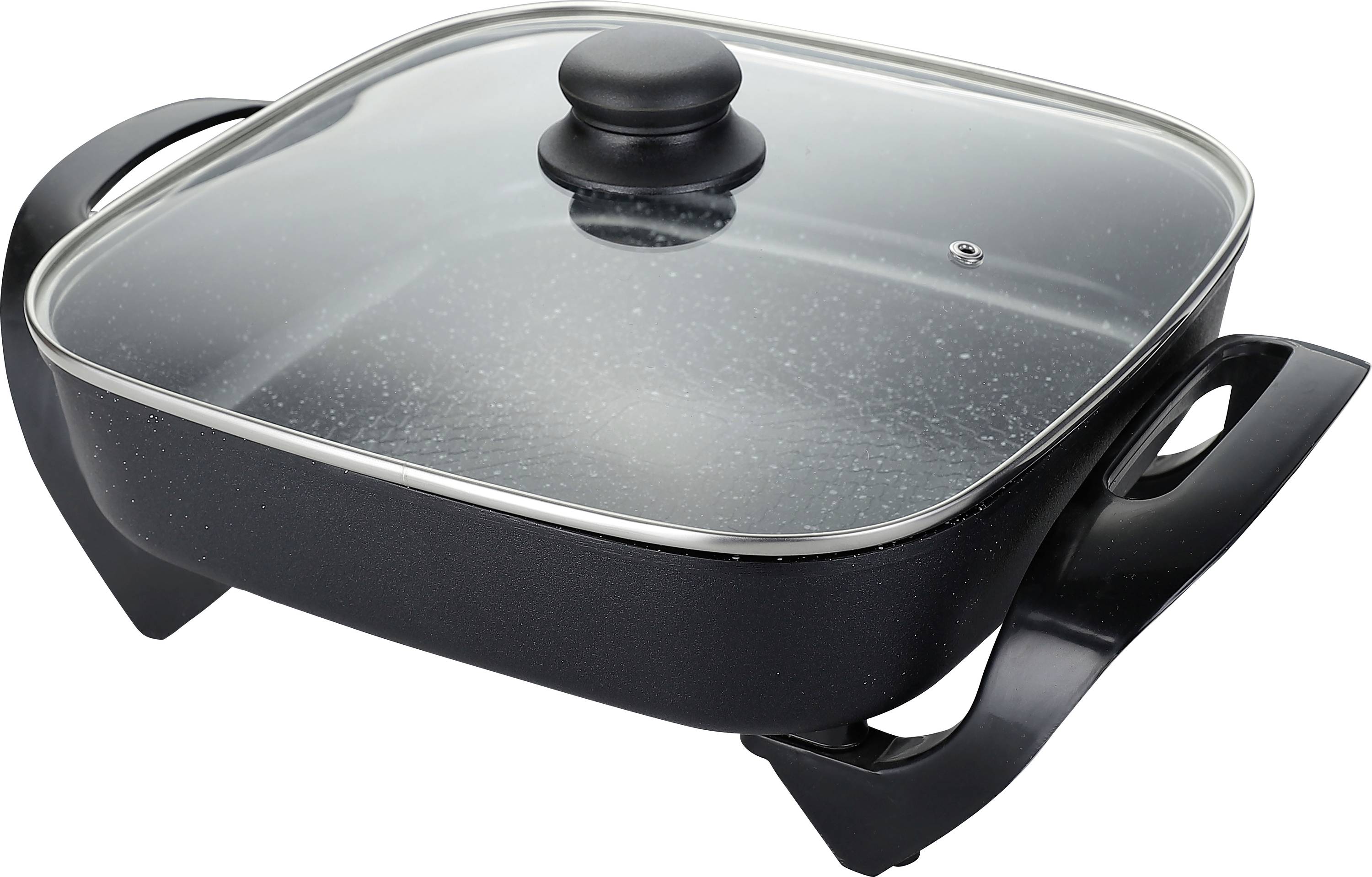 Electric skillet with a glass lid and two handles, designed for cooking various meals with adjustable heat control.