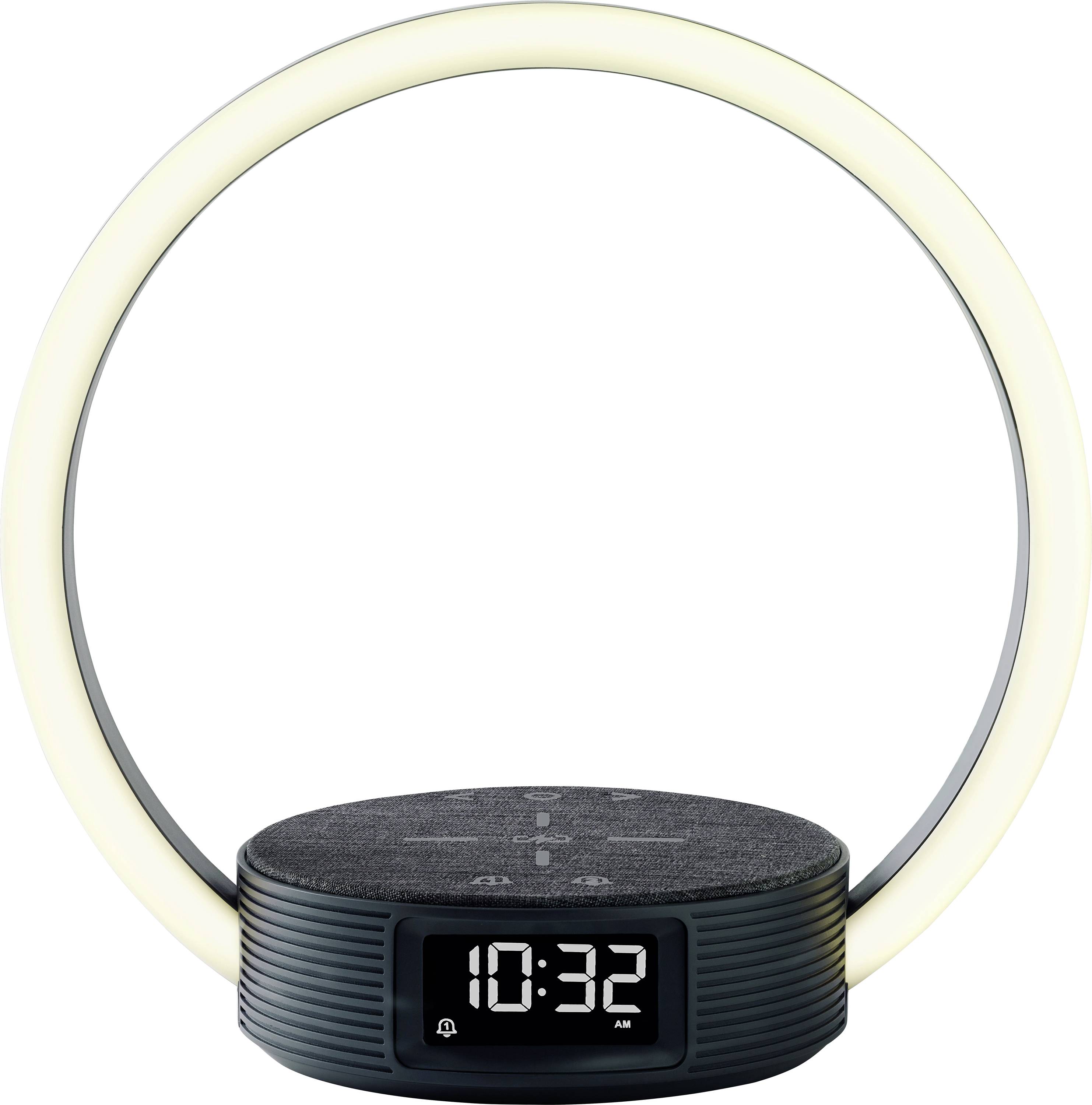 Une lampe de bureau moderne présentant un anneau de lumière LED circulaire et une horloge numérique affichant « 10:32 AM » sur une base noire épurée.