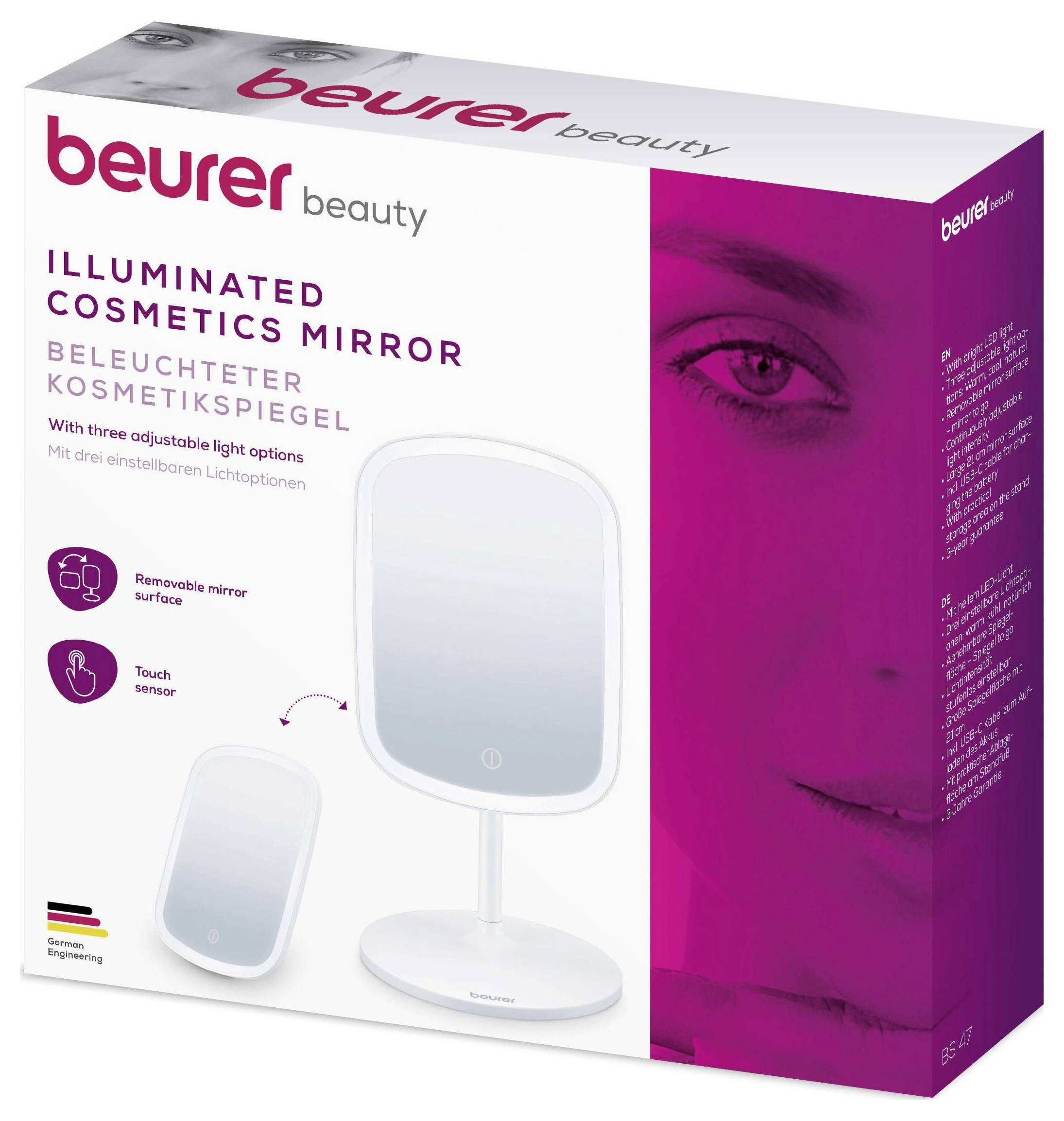 Miroir de beauté Beurer illuminé avec options d'éclairage ajustables et capteur tactile. Dispose d'une surface de miroir amovible.
