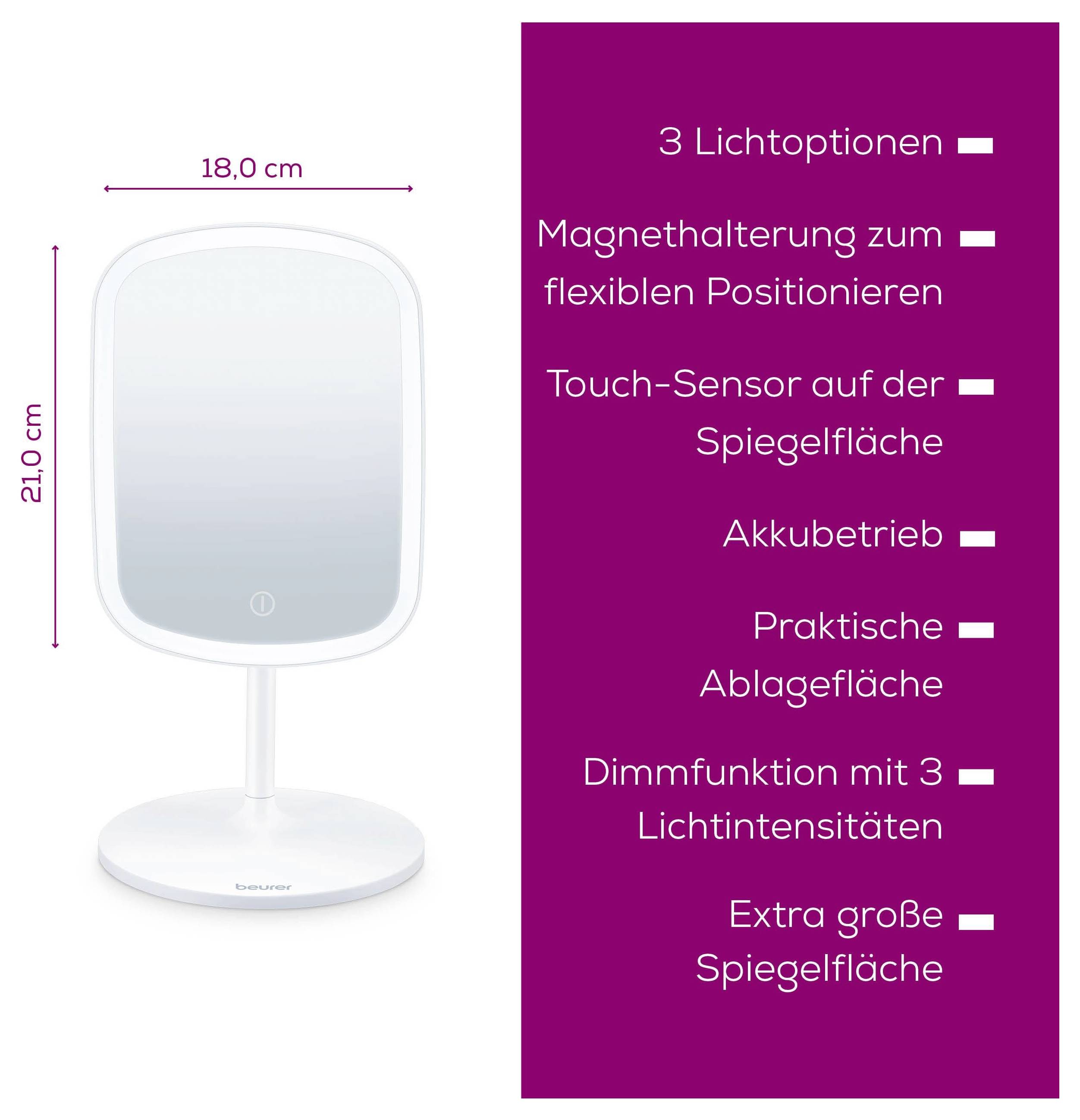 Miroir avec 3 options d'éclairage, fixation magnétique, capteur tactile, fonctionnement sur batterie, surface de rangement, fonction de gradation, grande surface miroir.