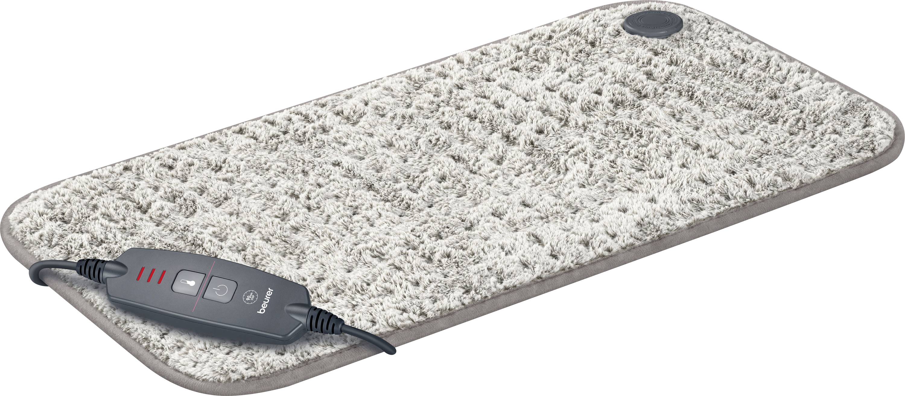 Un coussin chauffant en peluche rectangulaire avec une surface texturée, dotée d'une unité de contrôle sur le cordon d'alimentation pour l'ajustement de la température.