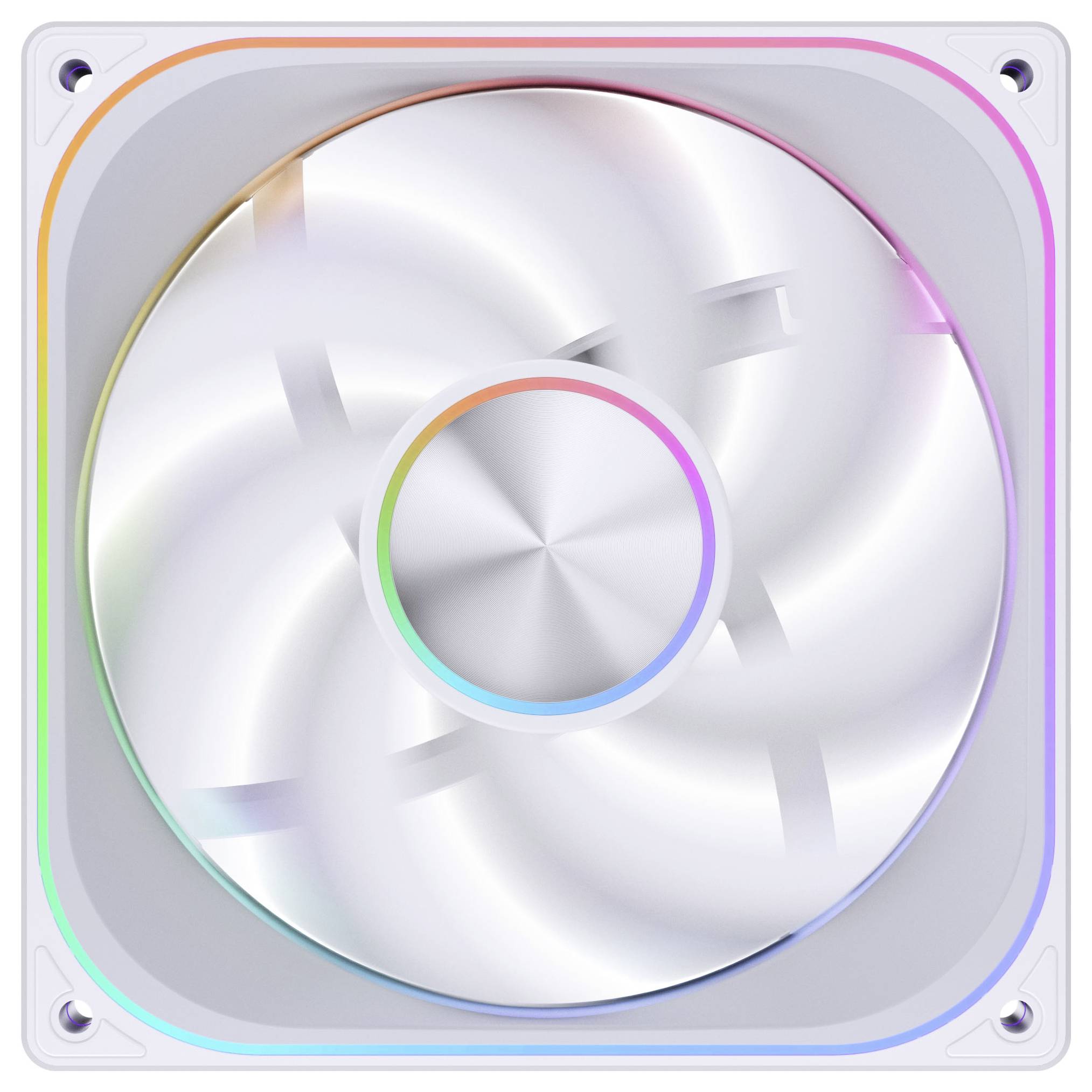 Un ventilateur informatique avec des lumières LED arc-en-ciel dans un cadre carré, présentant un design moderne pour les systèmes de refroidissement du matériel informatique.